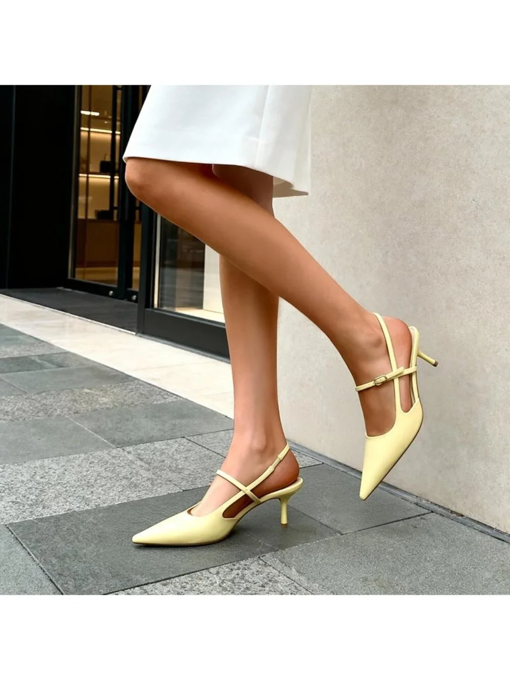 DREAM PAIRS Women's Yellow Kitten Slingback Pointed Closed Toe Heels Shoes